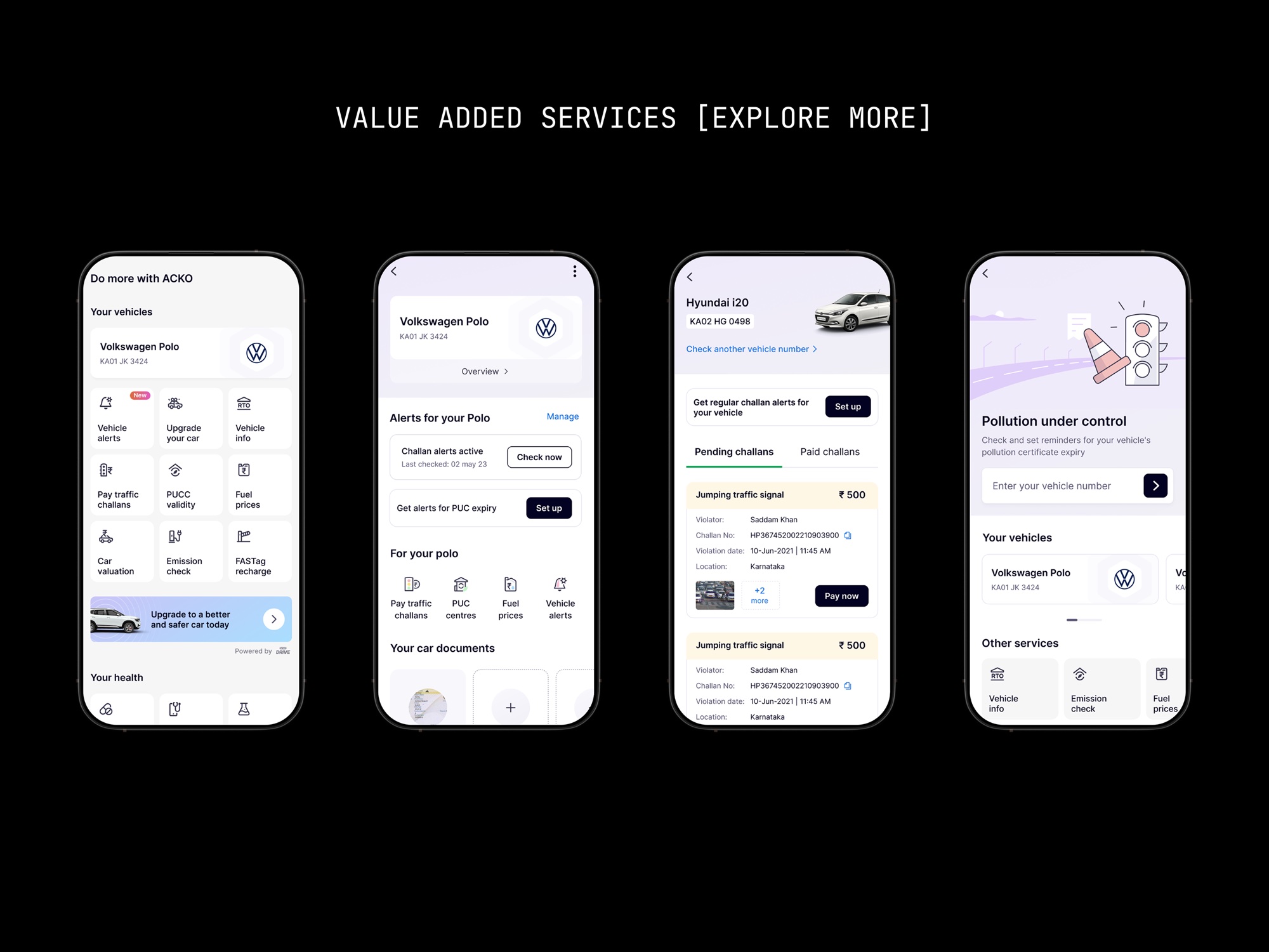 value-added services screens, vehicle alerts, challans, pollution certificate reminders