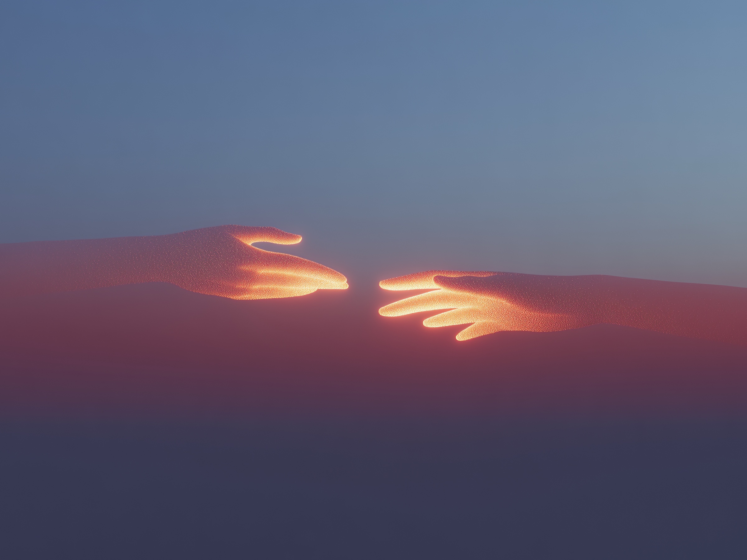 two hands reaching across a dusk sky
