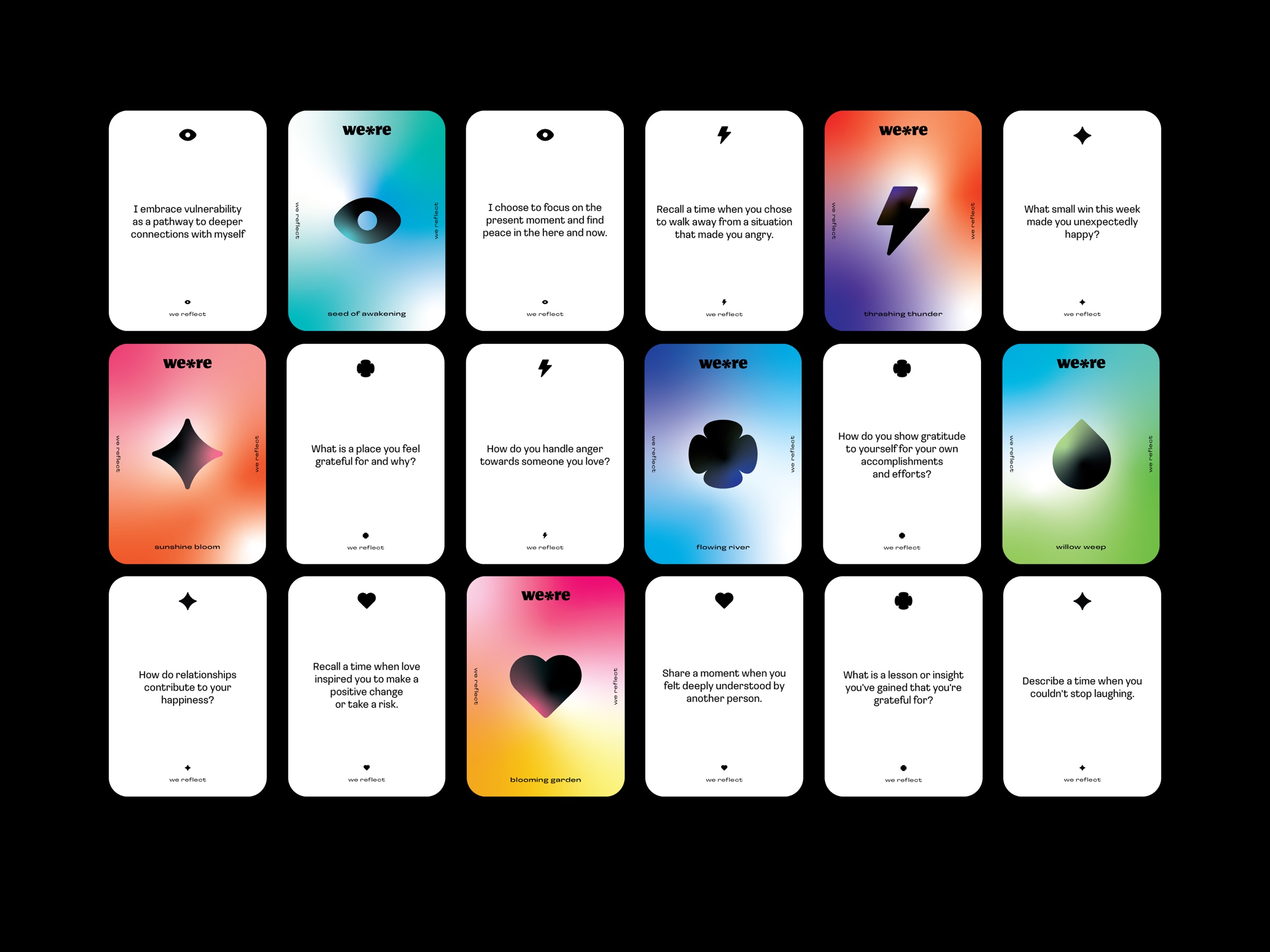 full conscious cards deck spread, fronts and backs across six emotions