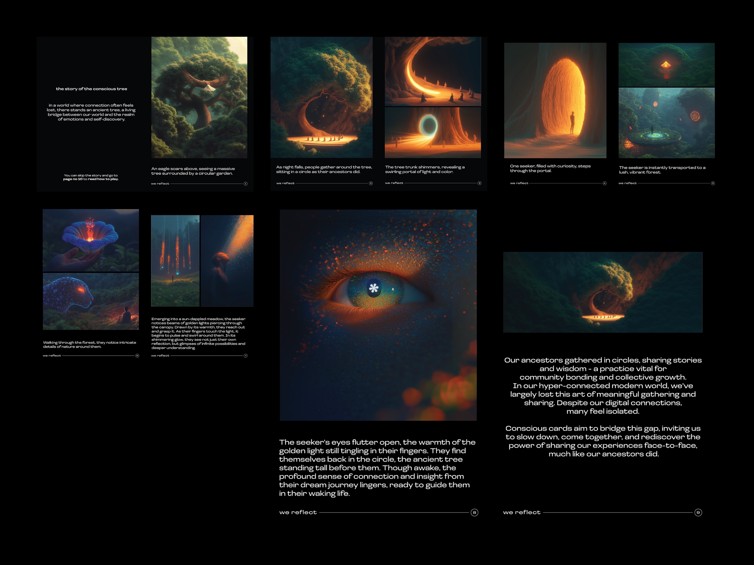 moodboard: ancestral gathering and seeker imagery, eye with asterisk pupil