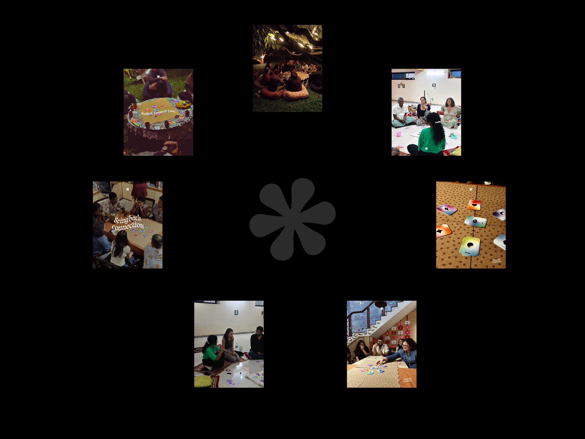 people sitting in circles using conscious cards, photos arranged around the we*re asterisk