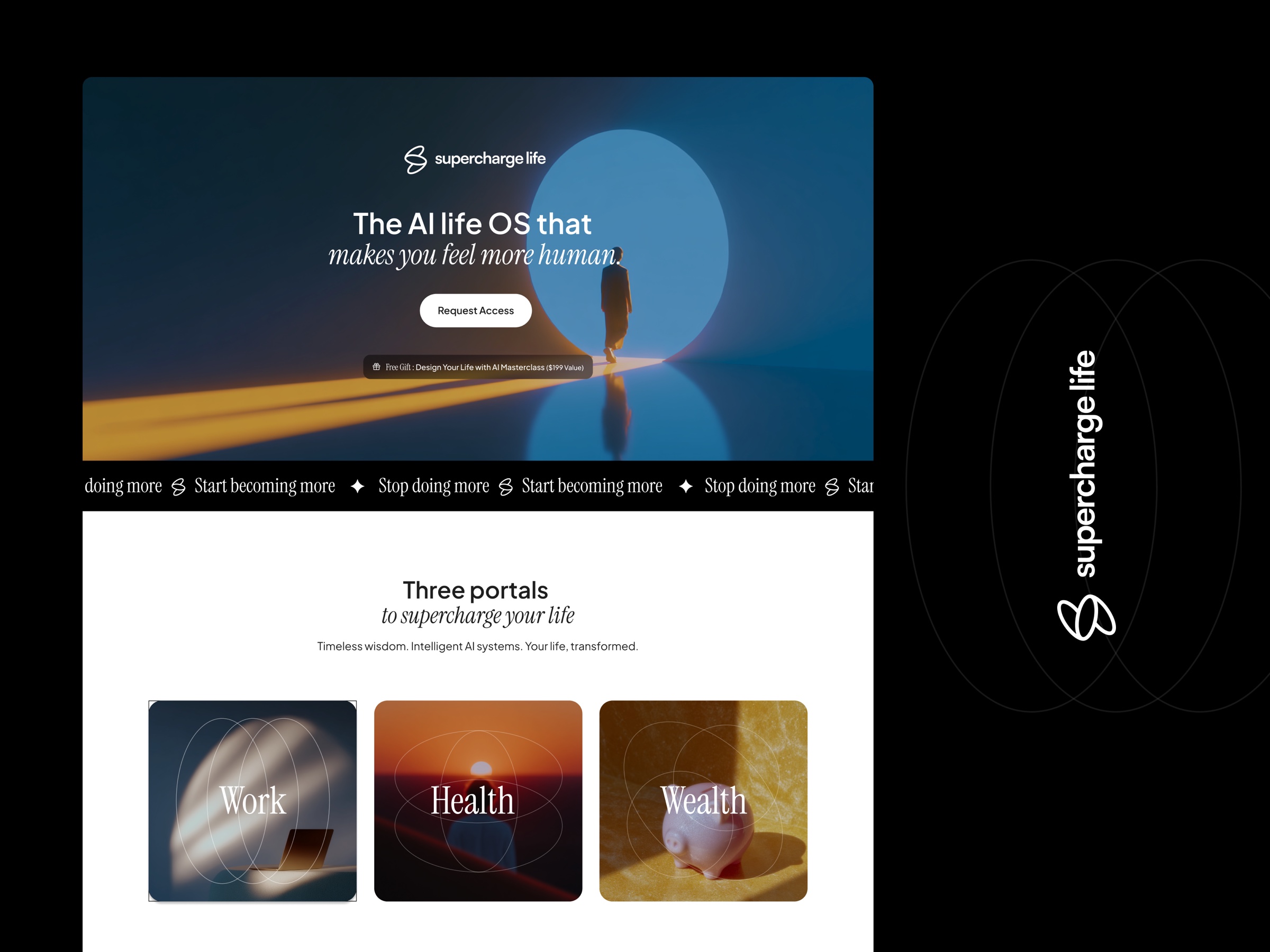superchargelife landing page hero with three portals: work, health, wealth