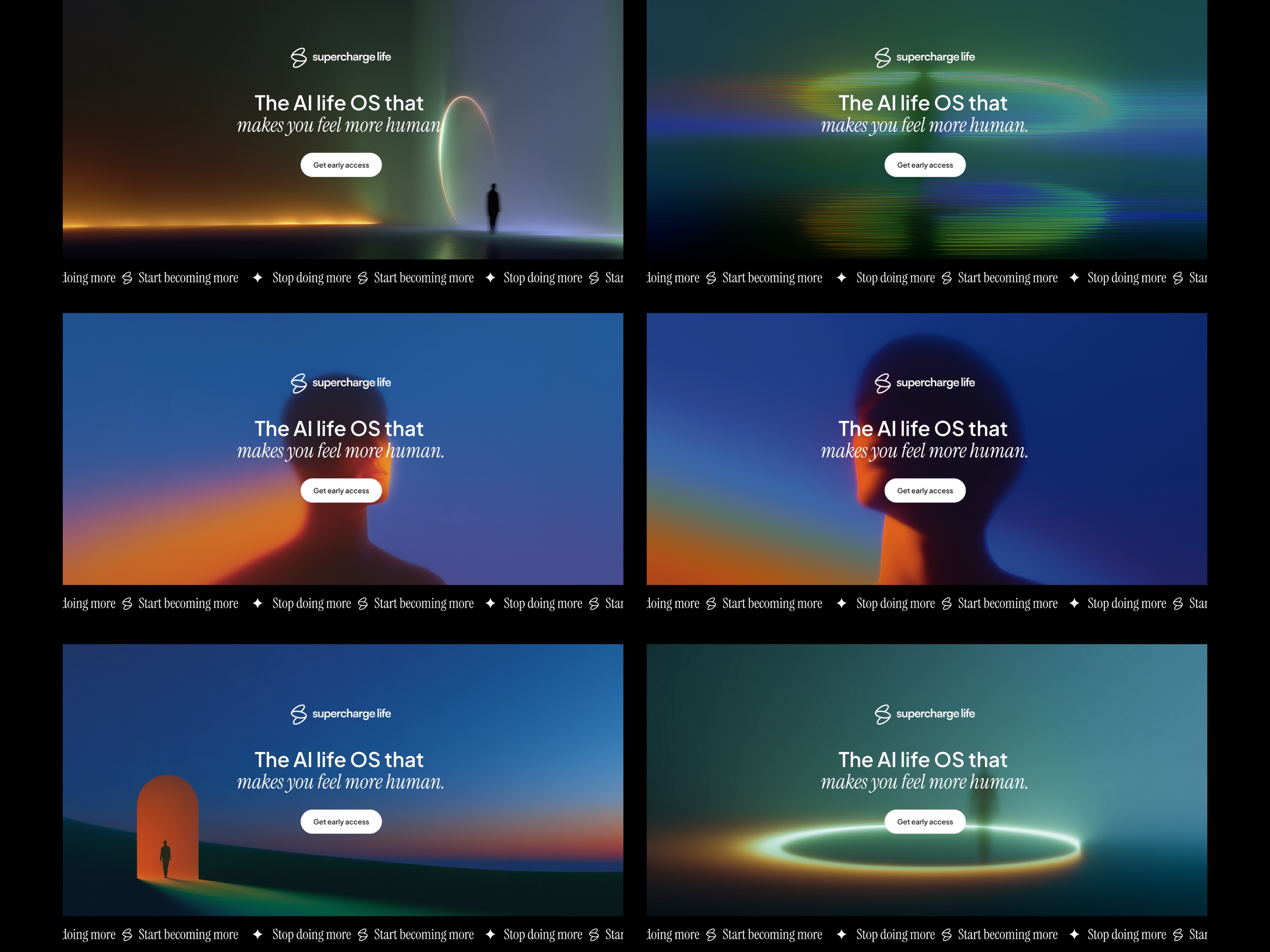 hero direction studies, six visual treatments for the ai life os