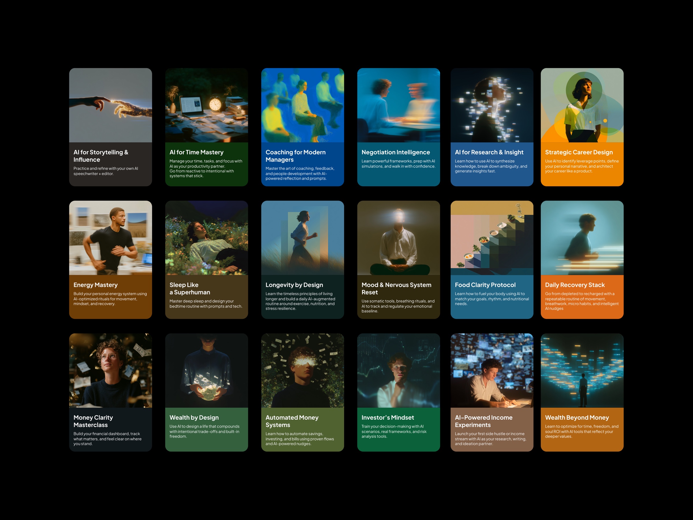 course catalog covering work, health, wealth, identity, and purpose