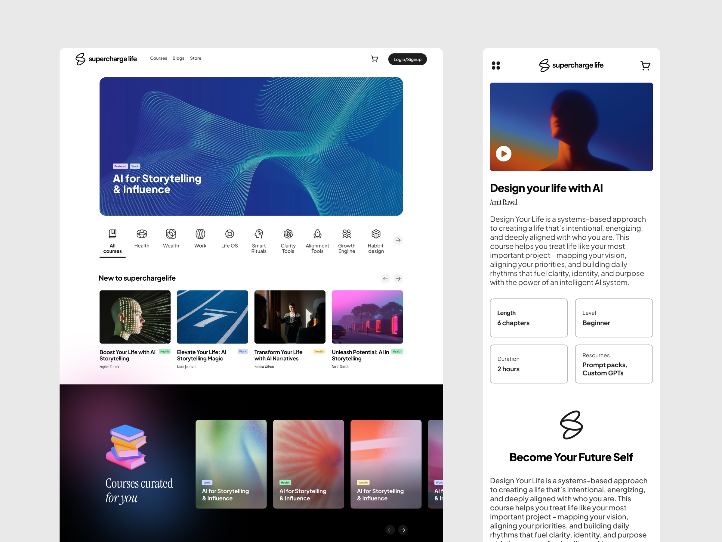 member dashboard with course library and curated learning paths