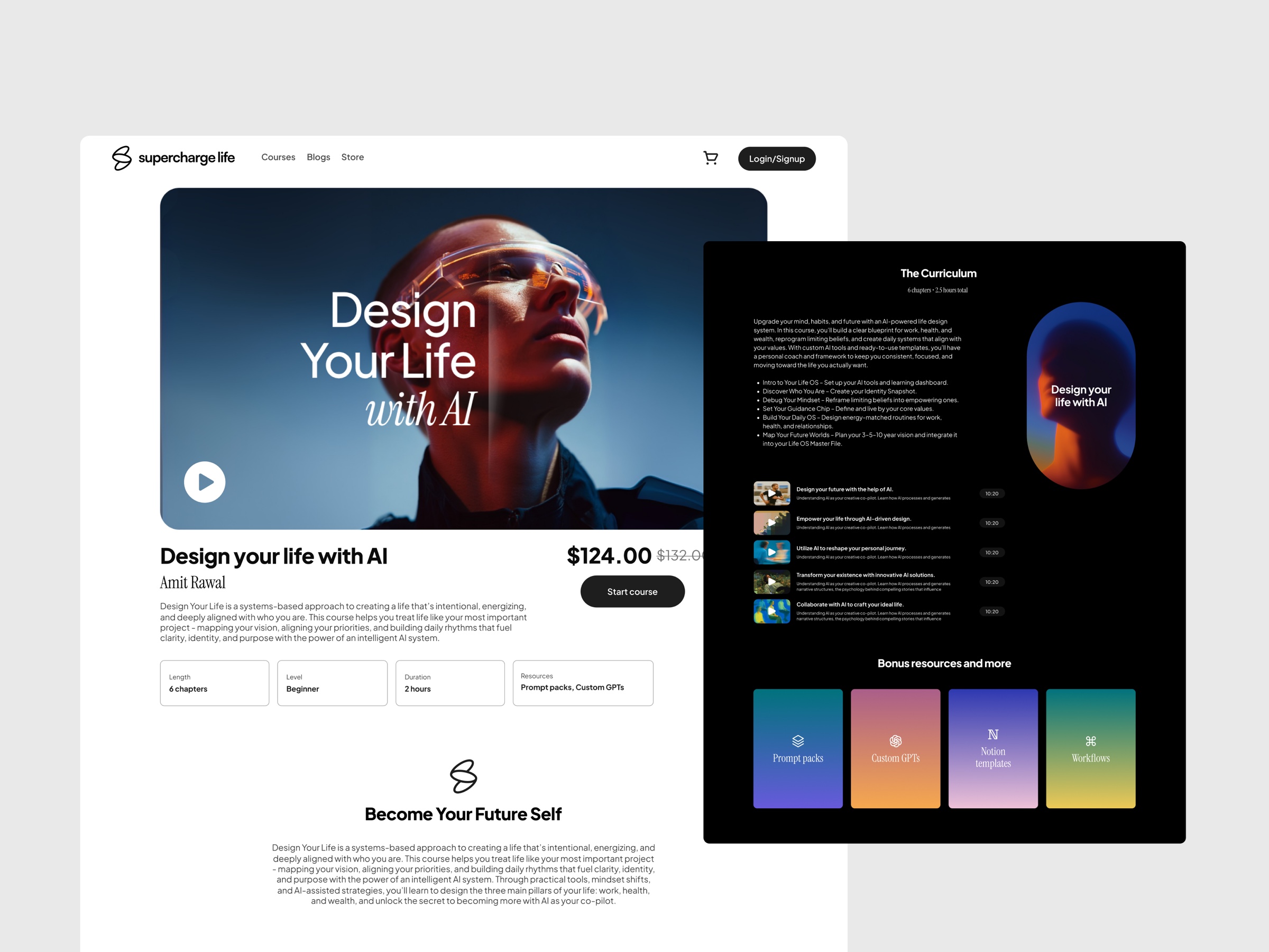 course detail page, design your life with ai, with curriculum and bonus resources