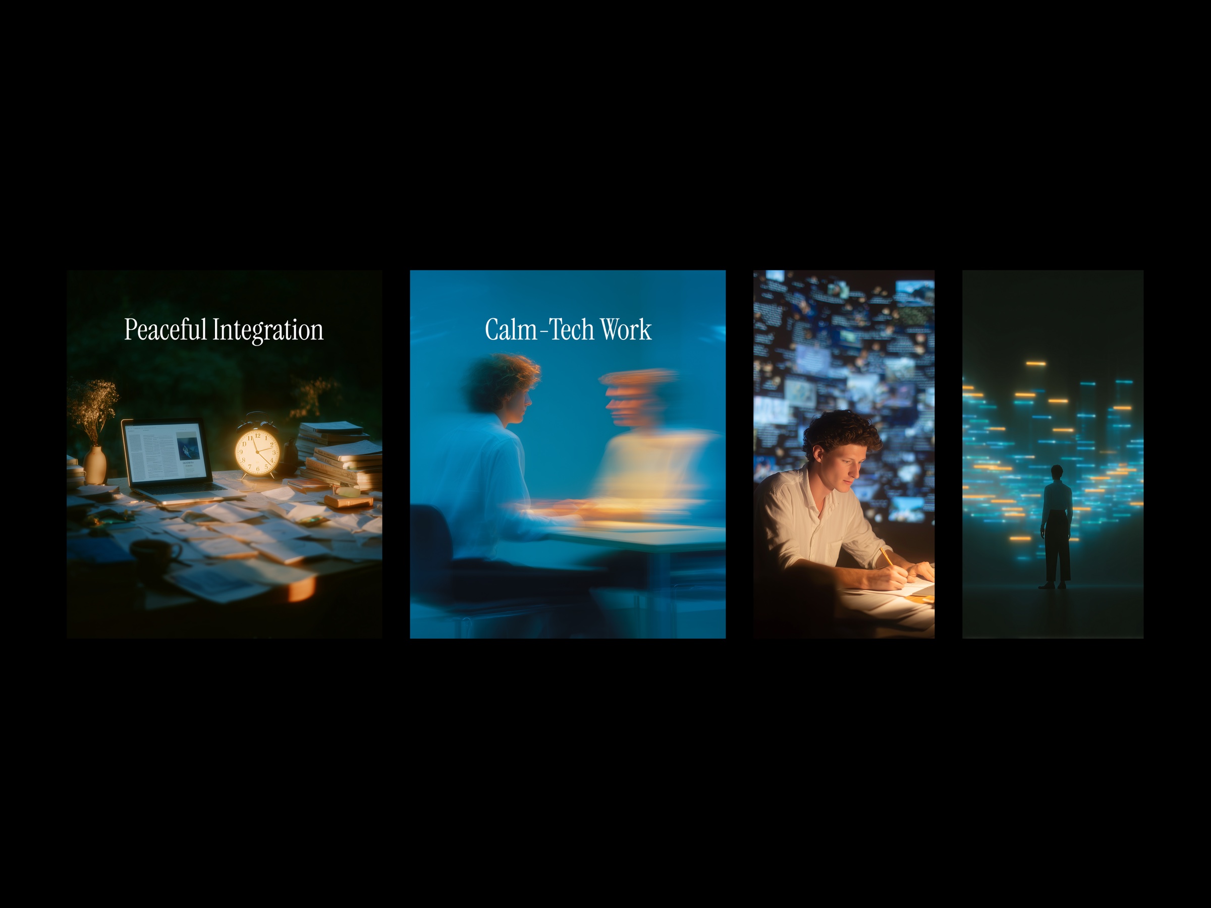 visual language: peaceful integration, calm-tech work, cinematic focus