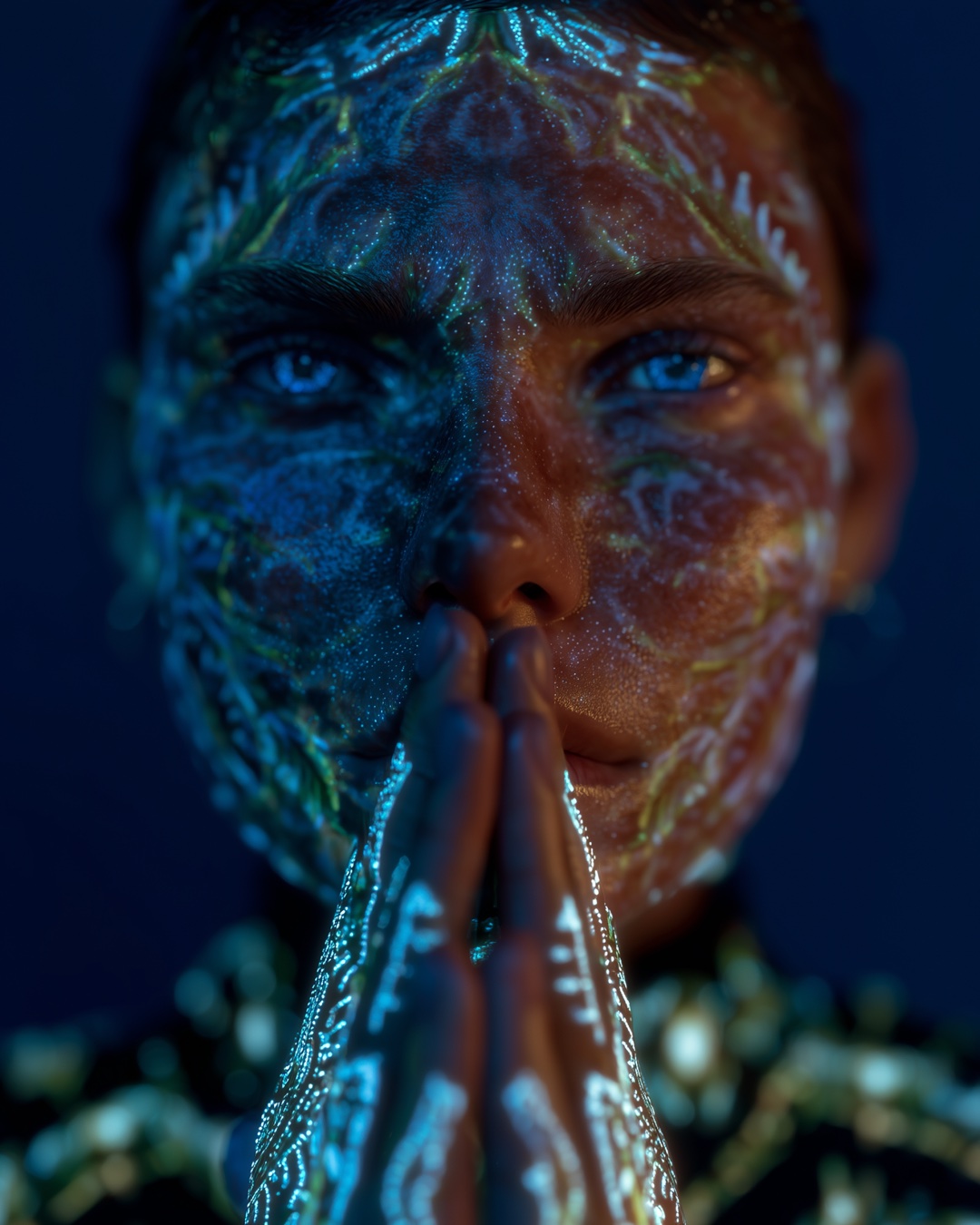 face under blue mandala