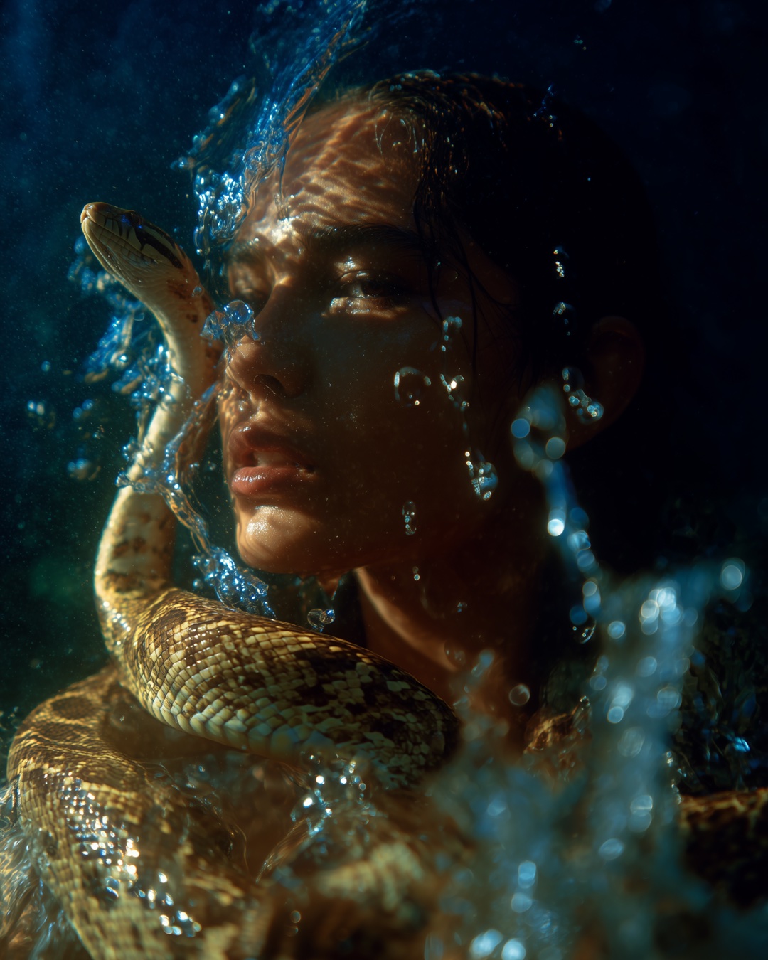 figure underwater with a snake