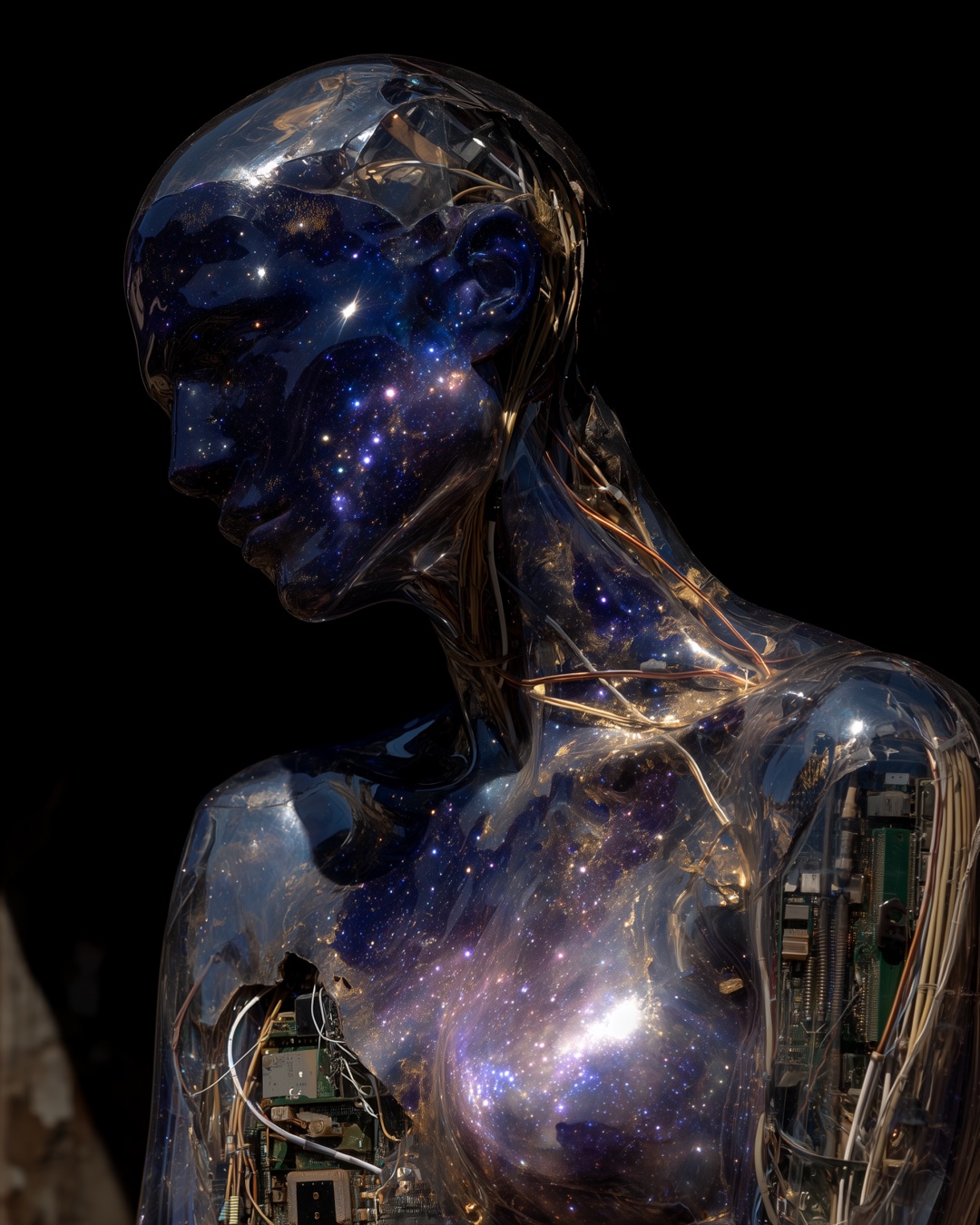 figure of glass and circuitry, full of stars