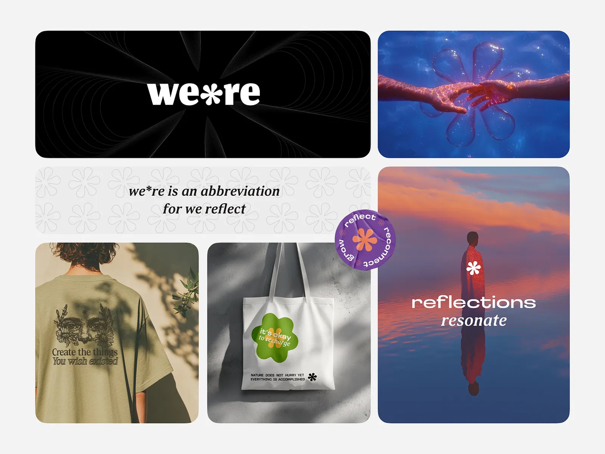 we*re brand system, wordmark, hands, t-shirt, tote, sticker, reflections resonate